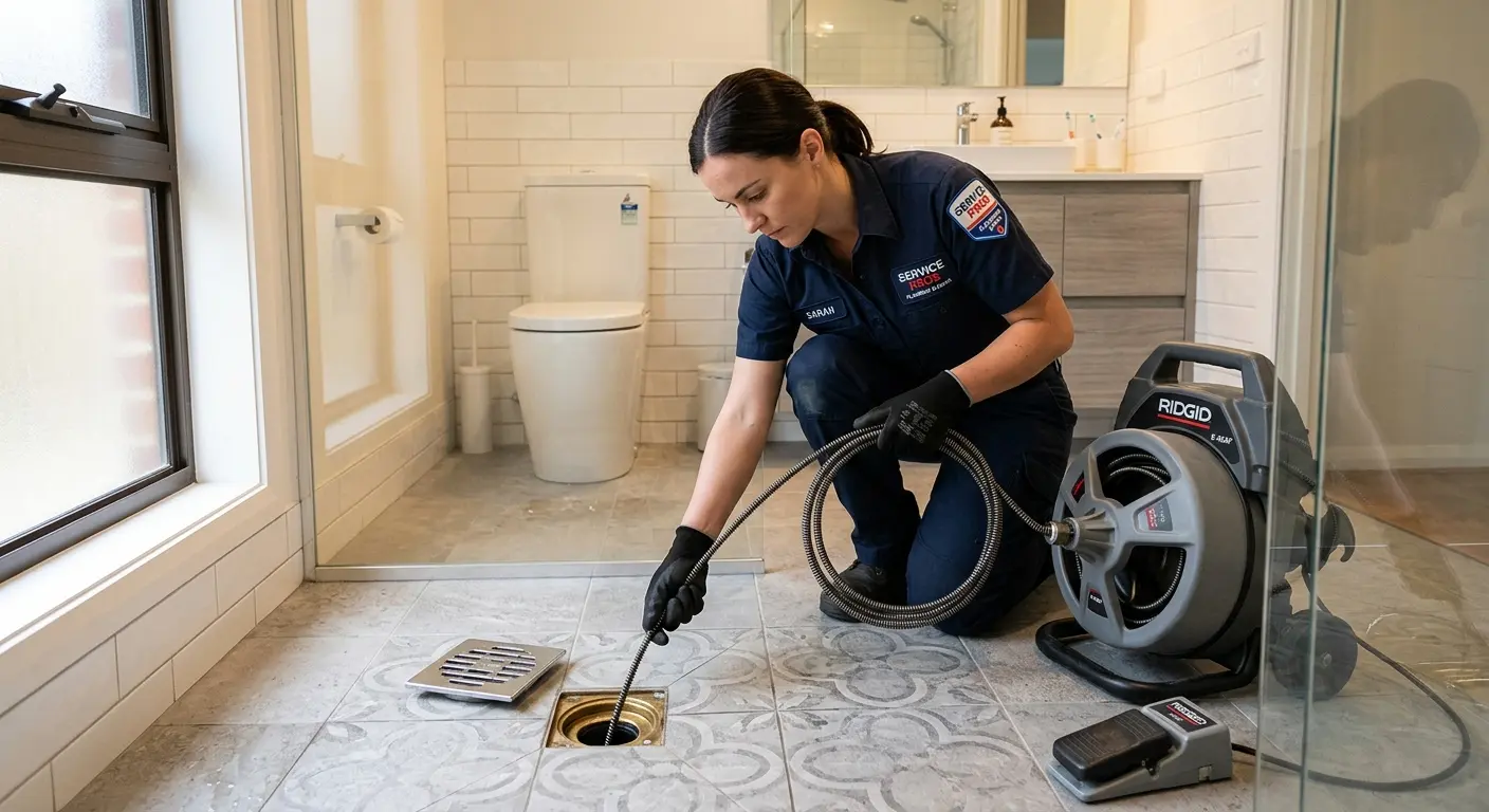Technician clearing a bathroom floor drain for Drain Cleaning in Azalea Park